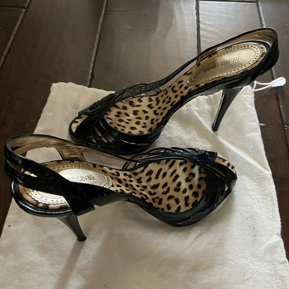 Roberto Cavalli black patent sling back pumps